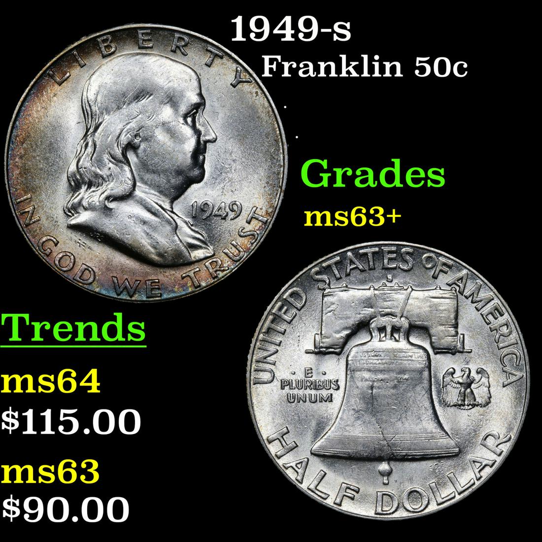 1949-s Franklin Half Dollar 50c Grades Select+ Unc (1 of 3)