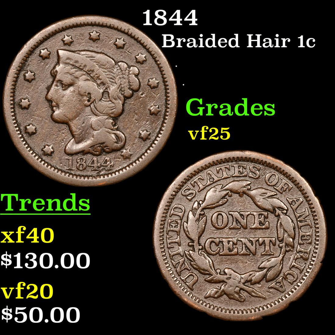 1844 Braided Hair Large Cent 1c Grades vf+ (1 of 3)