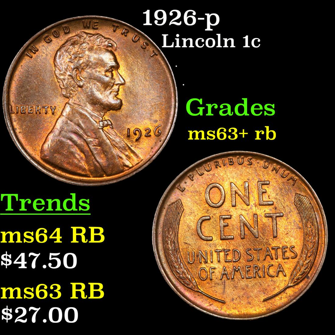 1926-p Lincoln Cent 1c Grades Select+ Unc RB (1 of 3)