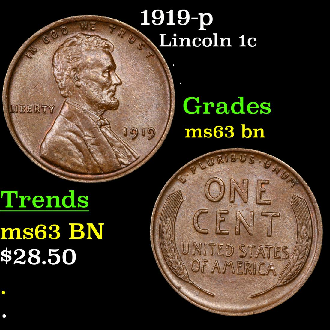 1919-p Lincoln Cent 1c Grades Select Unc BN (1 of 3)