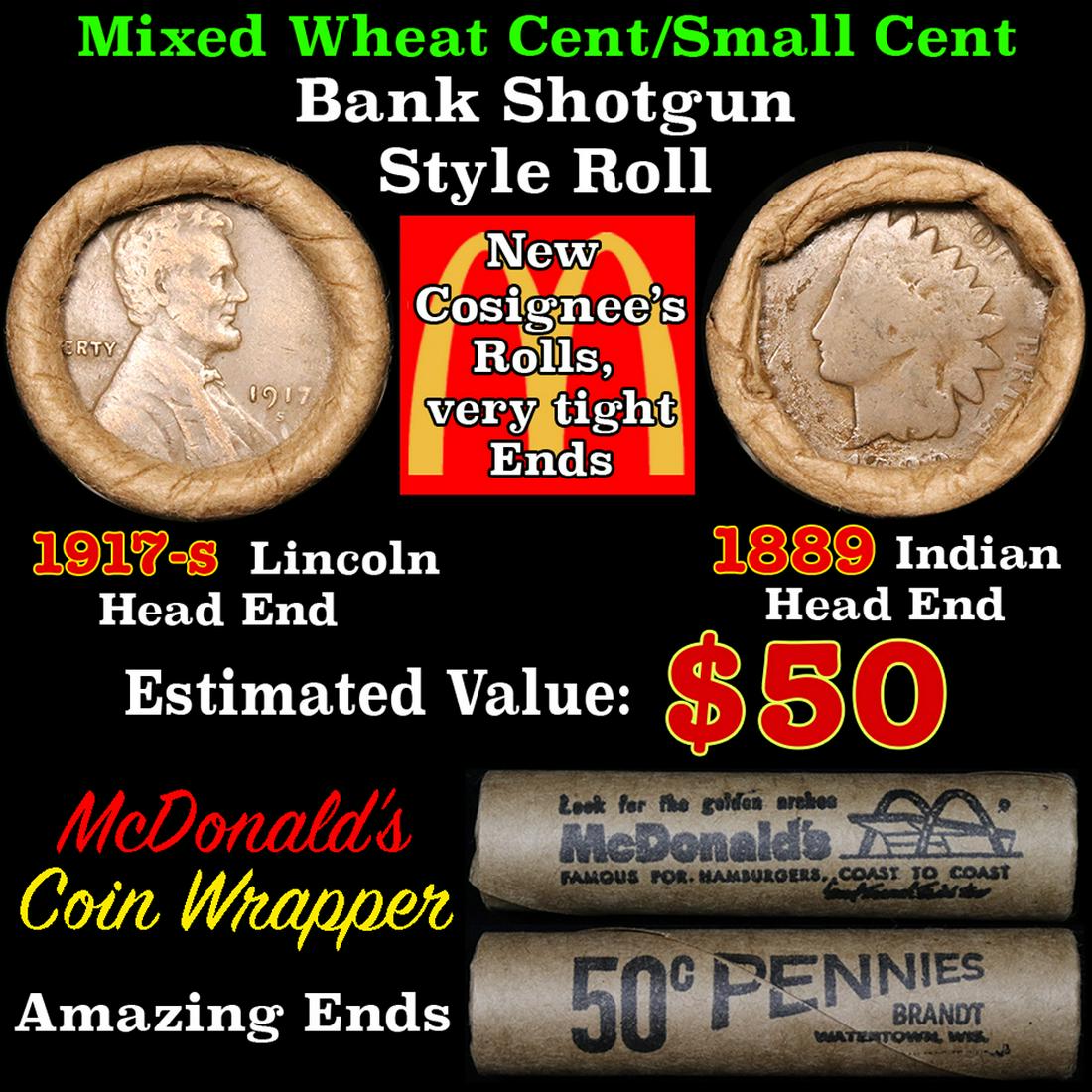 Mixed small cents 1c orig shotgun roll, 1917-s Wheat (1 of 5)