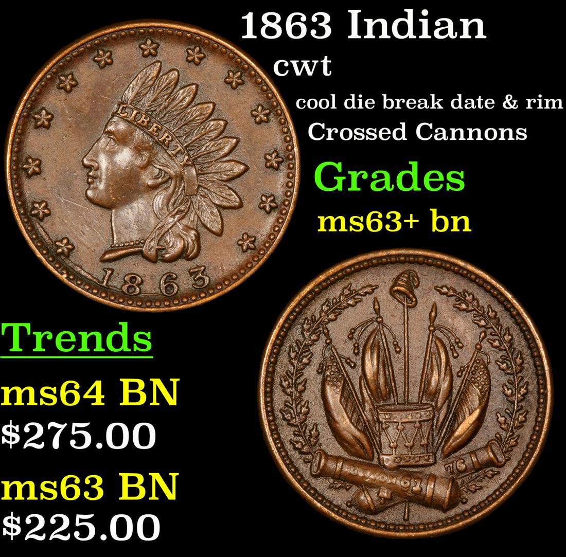 1863 Indian cwt Grades Select+ Unc BN: 1863 Indian cool die break date & rim Crossed Cannons Civil War Token 1c Grades Select+ Unc BN.