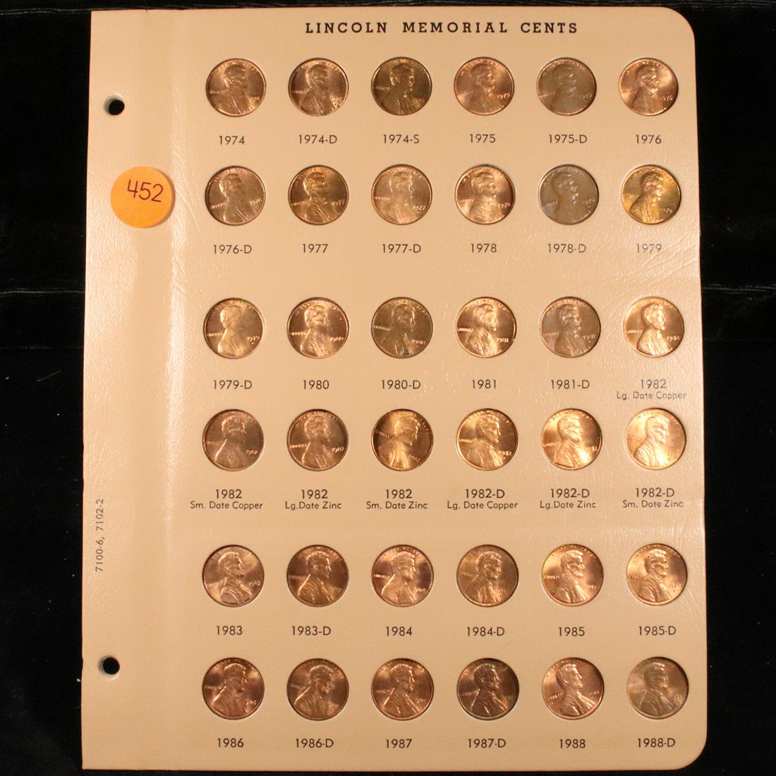 Complete Lincoln Cent Page 1974-1988 36 coins: Complete Lincoln Cent Page 1974-1988 36 coins. 0 Fantastic Complete Lincoln cent page. Dates range from 1974-1988. Includes all 7 1982 and 1982-d Copper and Zinc. Some Cherry Red. A great grouping of 