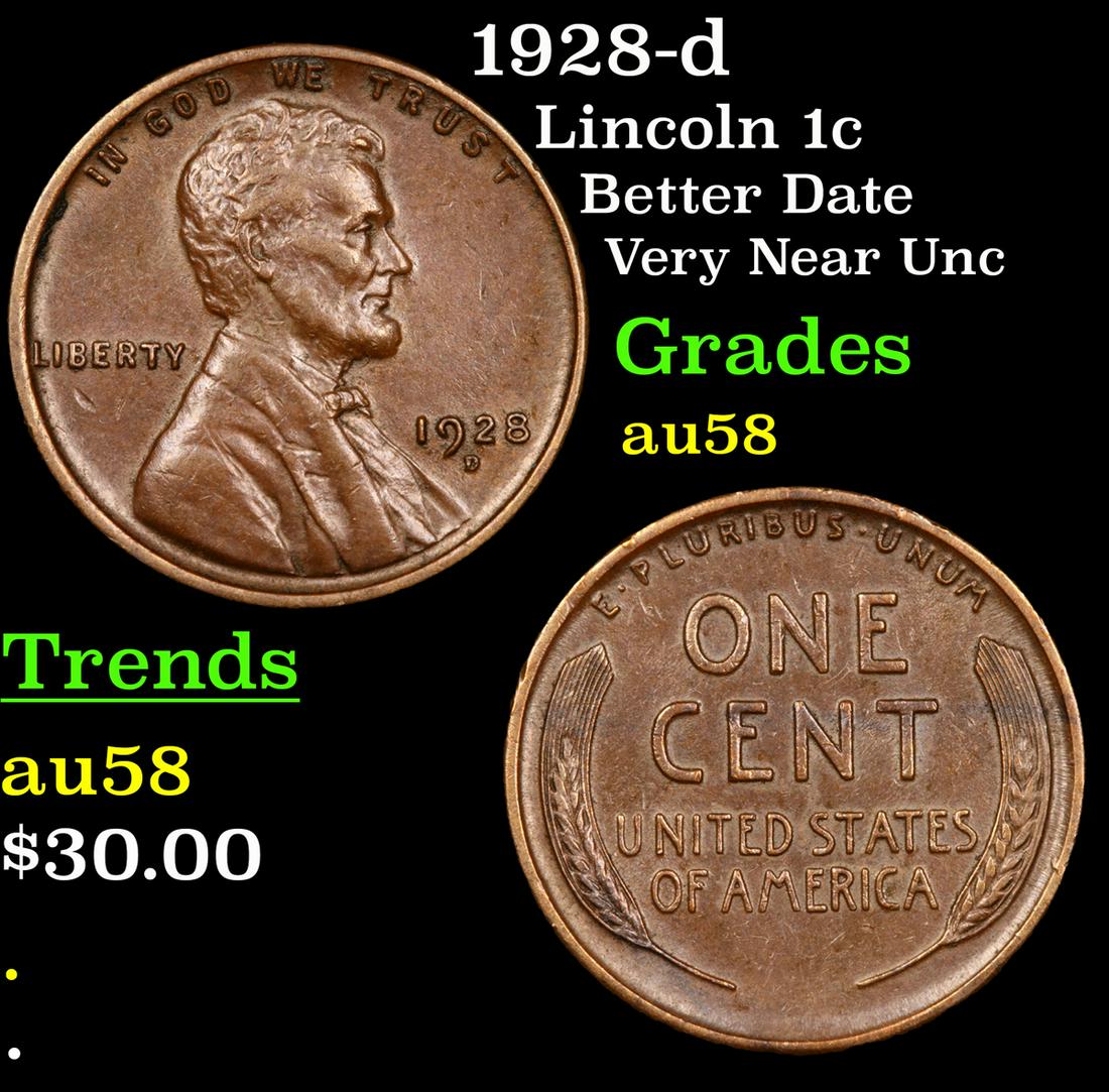 1928-d Lincoln Cent 1c Grades Choice AU/BU Slider (1 of 3)