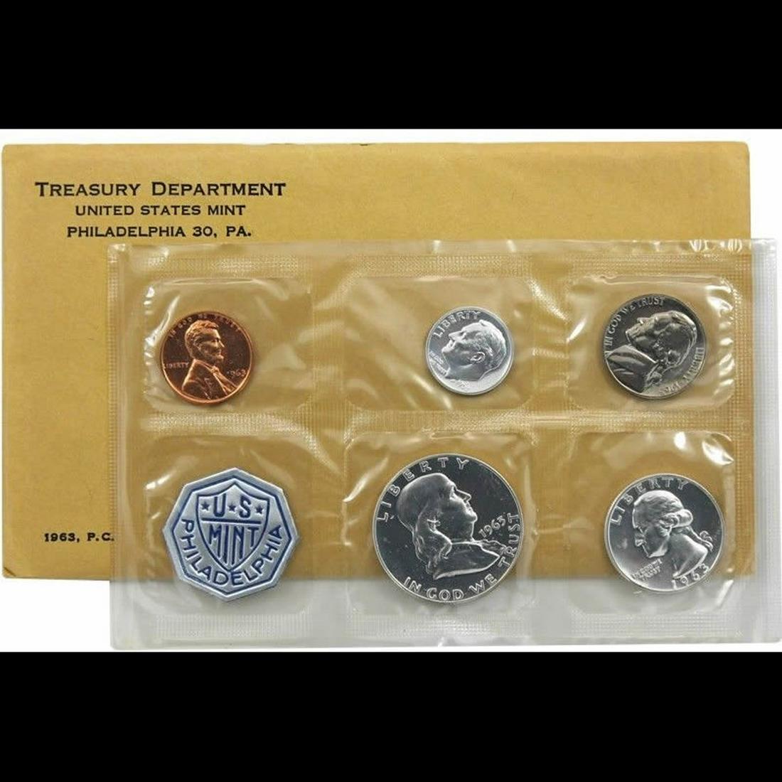 1963 United States Mint Proof set in Original: 1963 United States Mint Proof set in Original Government Packaging.. This is The Final Year of The Franklin Half Dollar, its run cut short by the Death of President Kennedy and the Nations swift move