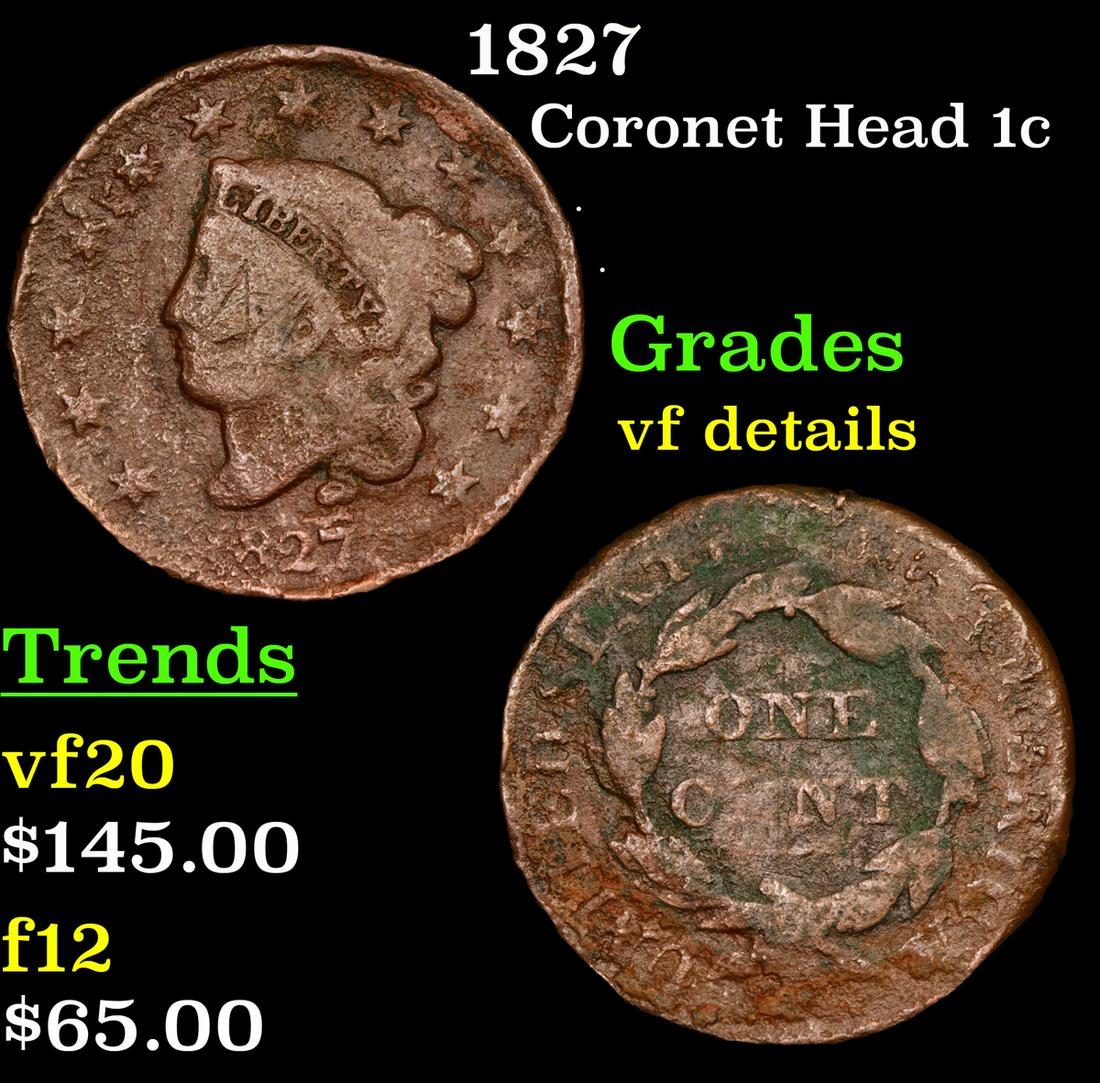 1827 Coronet Head Large Cent 1c Grades vf details (1 of 3)