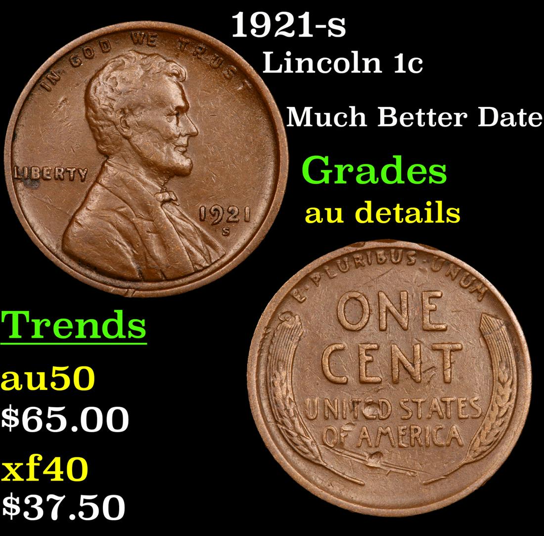 1921-s Lincoln Cent 1c Grades AU Details (1 of 3)