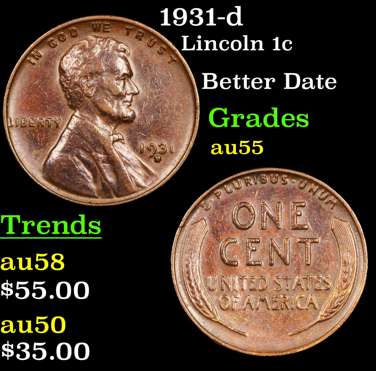 1931-d Lincoln 1c Grades Choice AU (1 of 3)