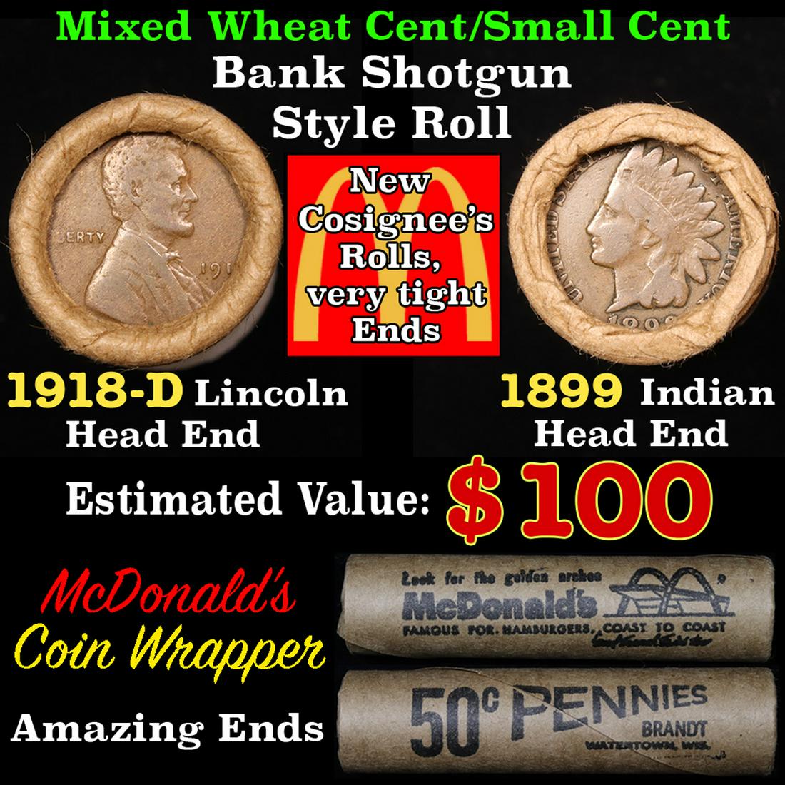 Mixed small cents 1c orig shotgun roll, 1918-d Wheat (1 of 5)