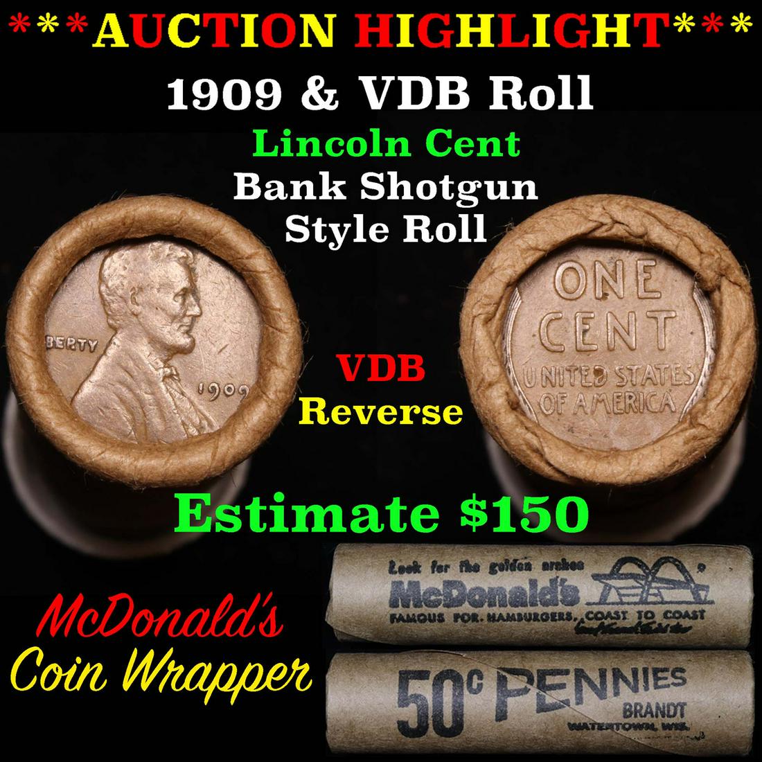 Lincoln Wheat cent 1c orig roll, 1909 end, VDB other (1 of 5)