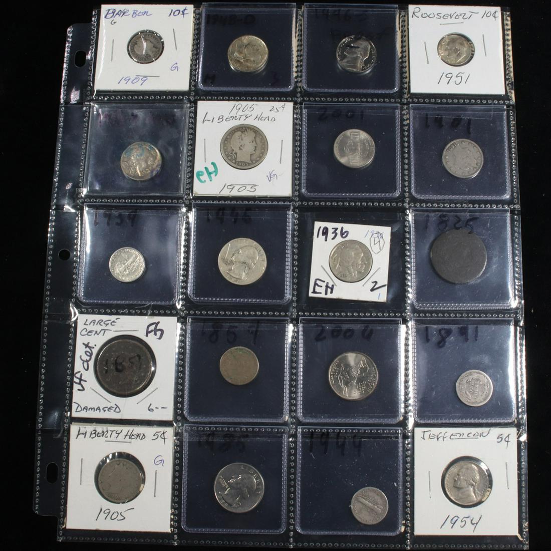 Page of 20 Mixed coins Mercury 10c, Braided Hair 1c, (1 of 2)