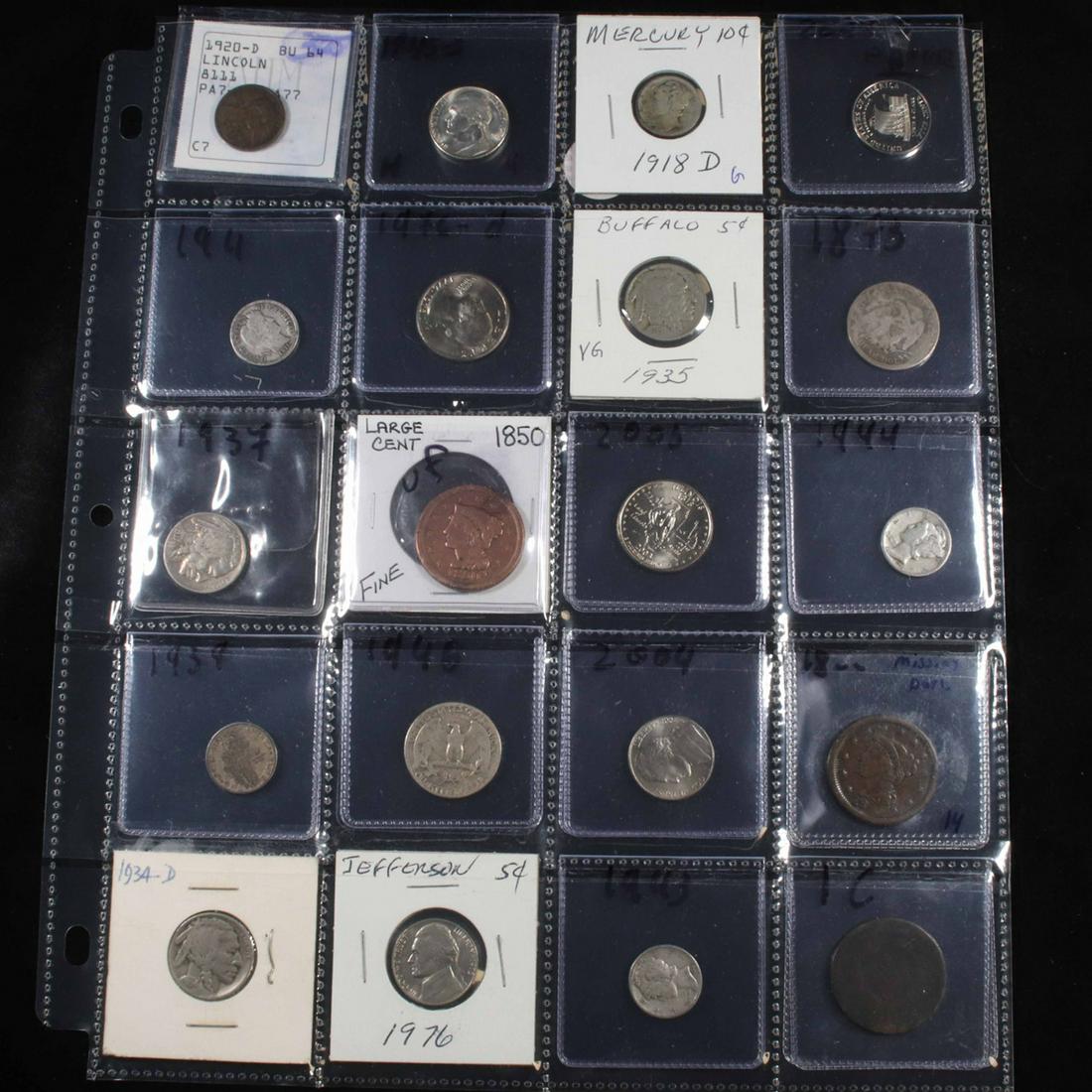 Page of 20 Mixed coins Mercury 10c, Braided Hair 1c, (1 of 2)