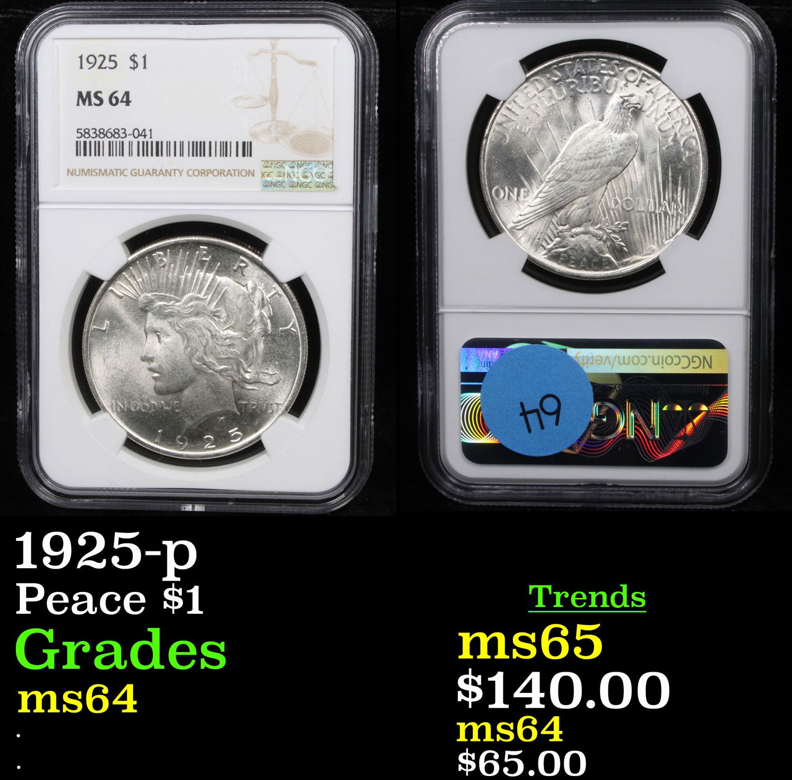 1925-p Peace $1 Graded ms64 (1 of 3)
