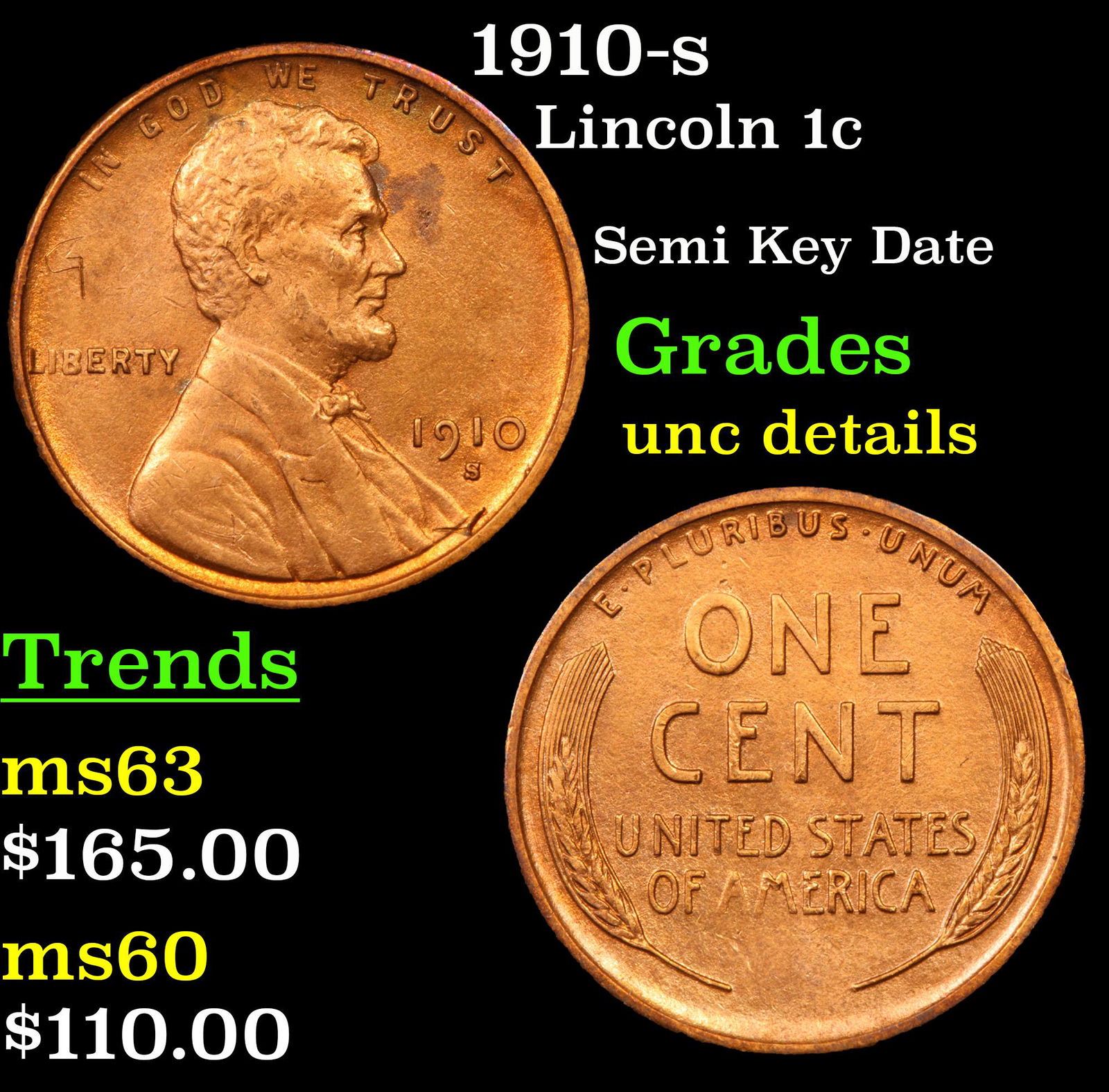 1910-s Lincoln 1c Grades Unc Details: 1910-s Lincoln Cent 1c Grades Unc Details. Semi Key Date. Per David Hall of PCGS "The 1910-s has long been considered a semi-key date in circulated grades"