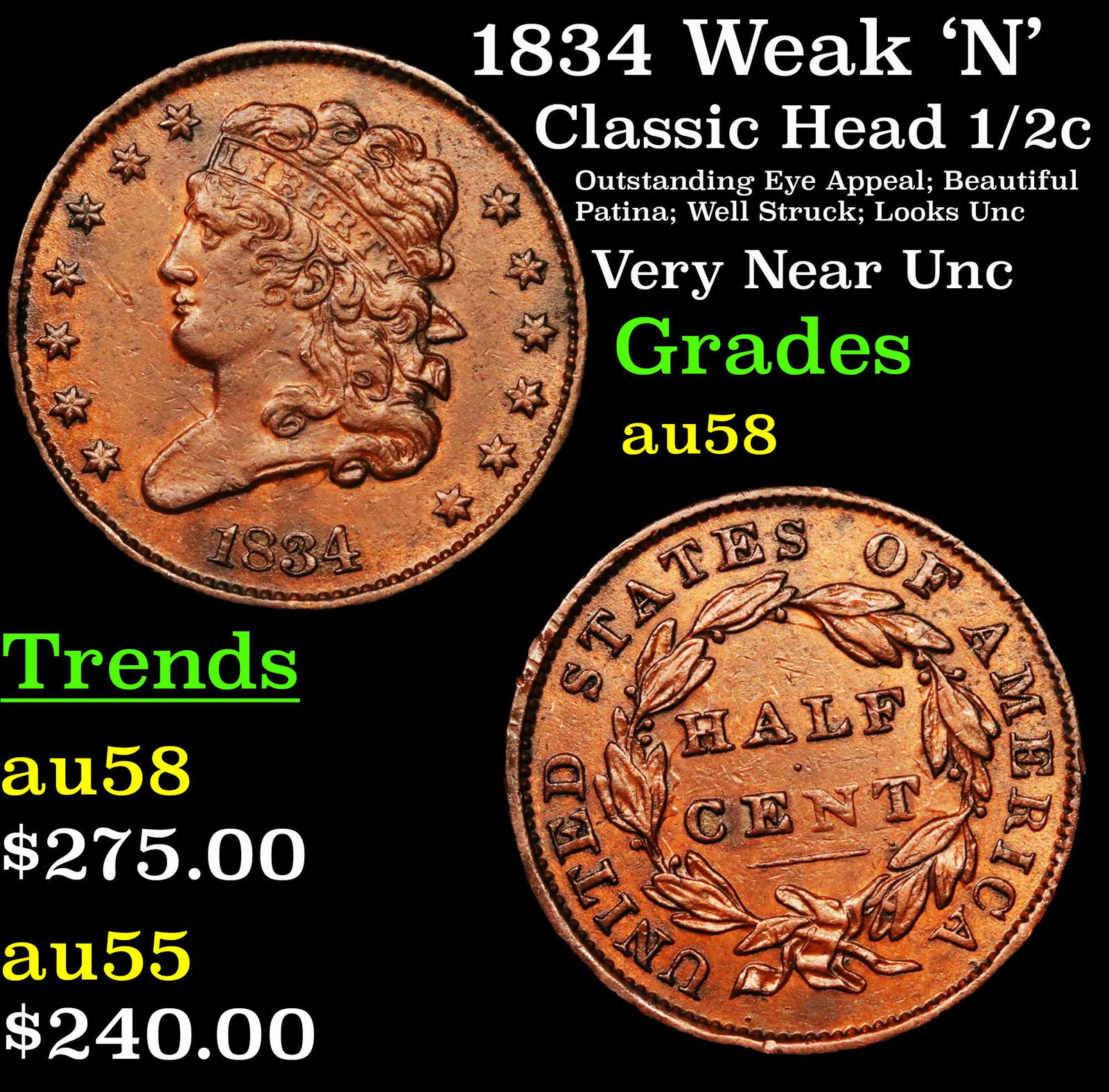 1834 Weak 'N' Classic Head 1/2c Grades Choice AU/BU (1 of 3)