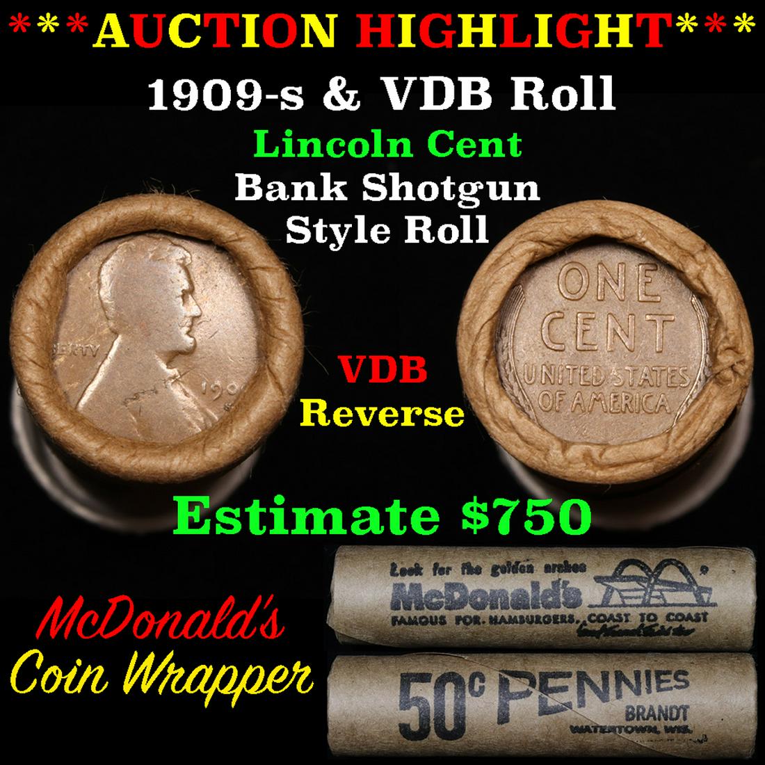 Lincoln Wheat cent 1c orig roll, 1909-s end, VDB other (1 of 5)