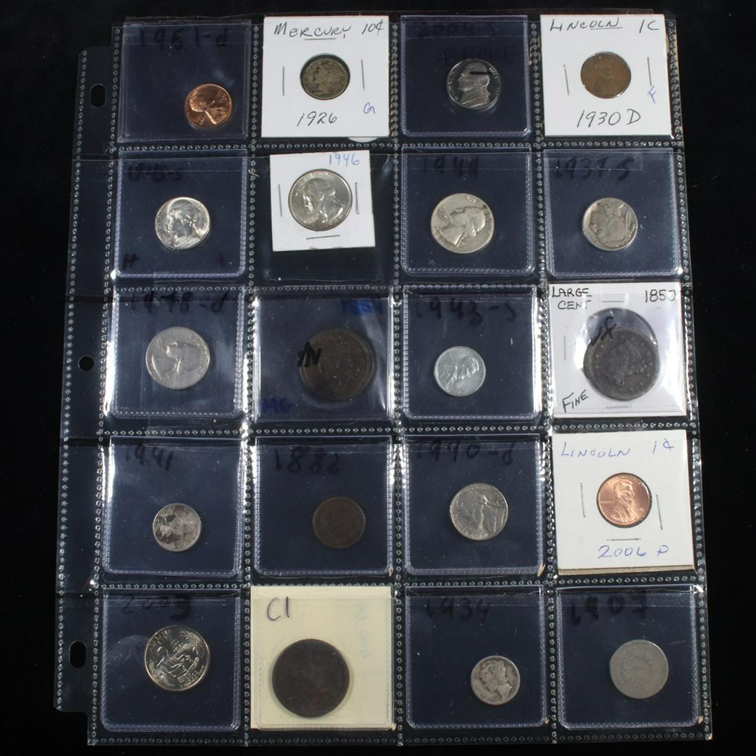 Page of 20 Mixed coins Mercury 10c, Braided Hair 1c, (1 of 2)