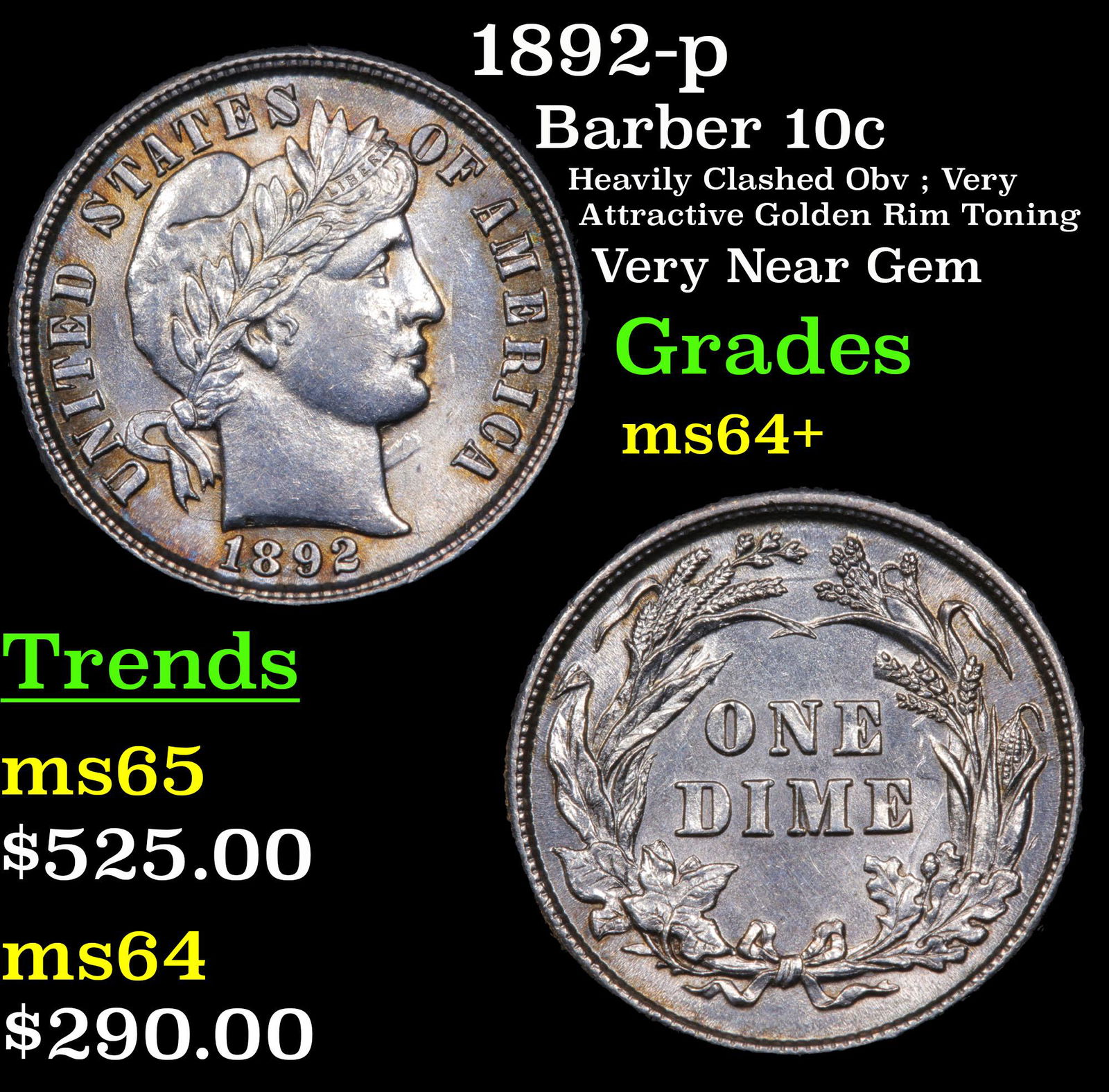 1892-p Barber 10c Grades Choice+ Unc (1 of 3)