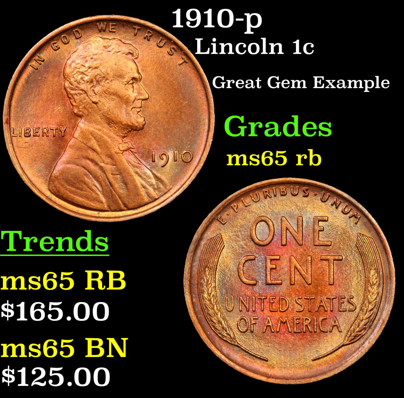 1910-p Lincoln 1c Grades GEM Unc RB (1 of 3)