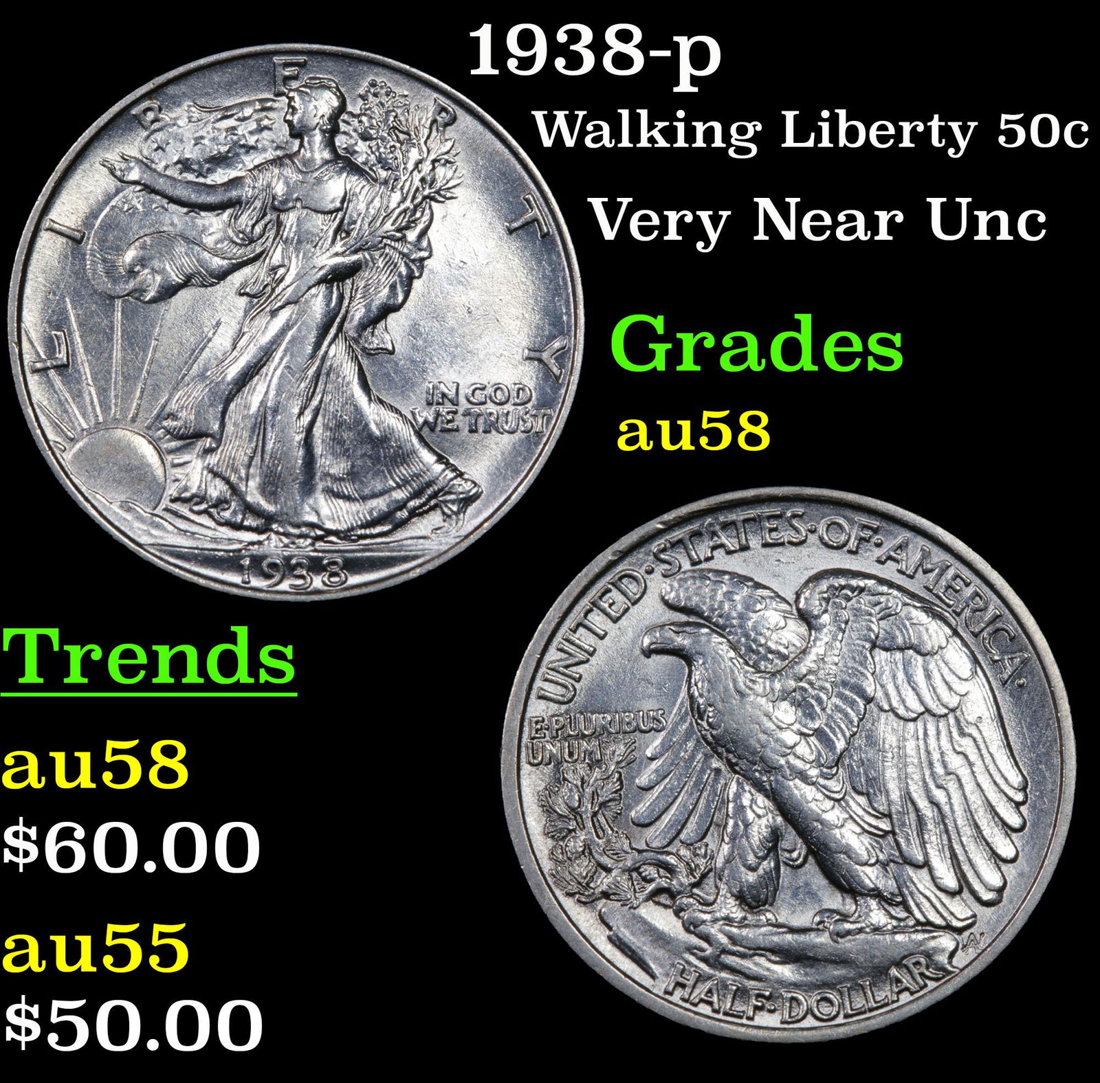 1938-p Walking Liberty 50c Grades Choice AU/BU Slider (1 of 3)