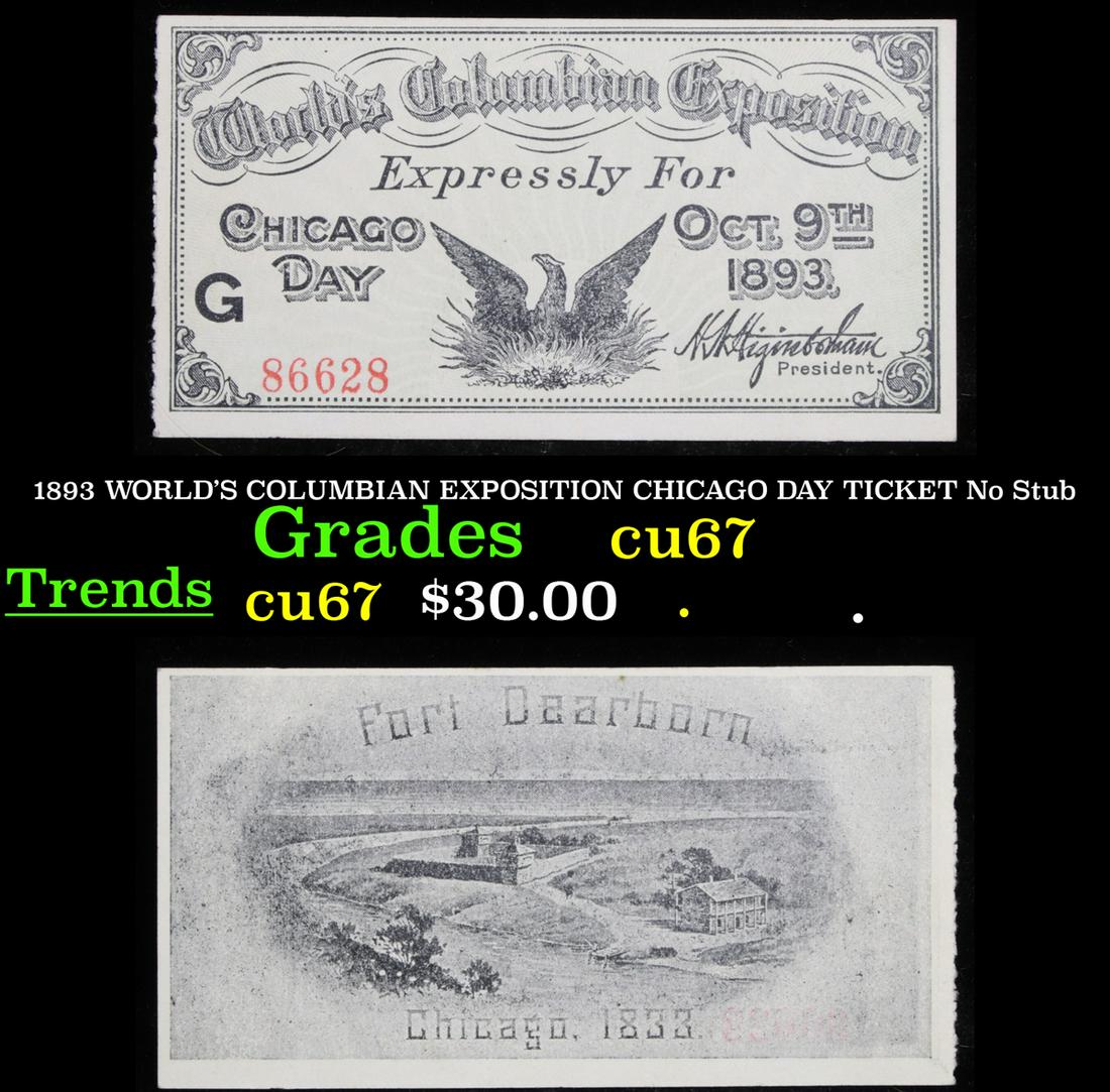 1893 WORLD'S COLUMBIAN EXPOSITION CHICAGO DAY TICKET No: 1893 WORLD'S COLUMBIAN EXPOSITION CHICAGO DAY TICKET No Stub Grades Gem++ CU.