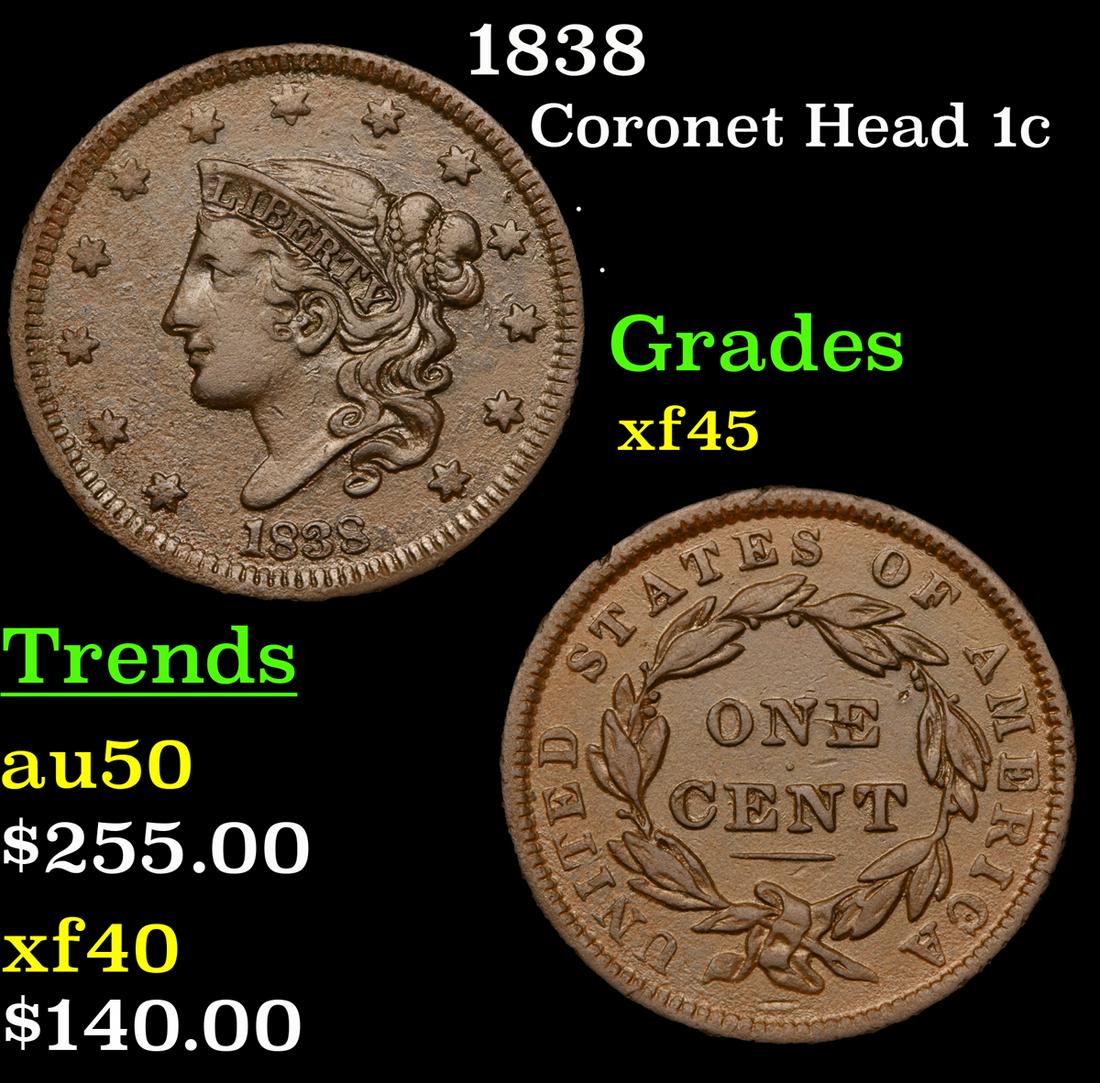 1838 Coronet Head 1c Grades xf+ (1 of 3)