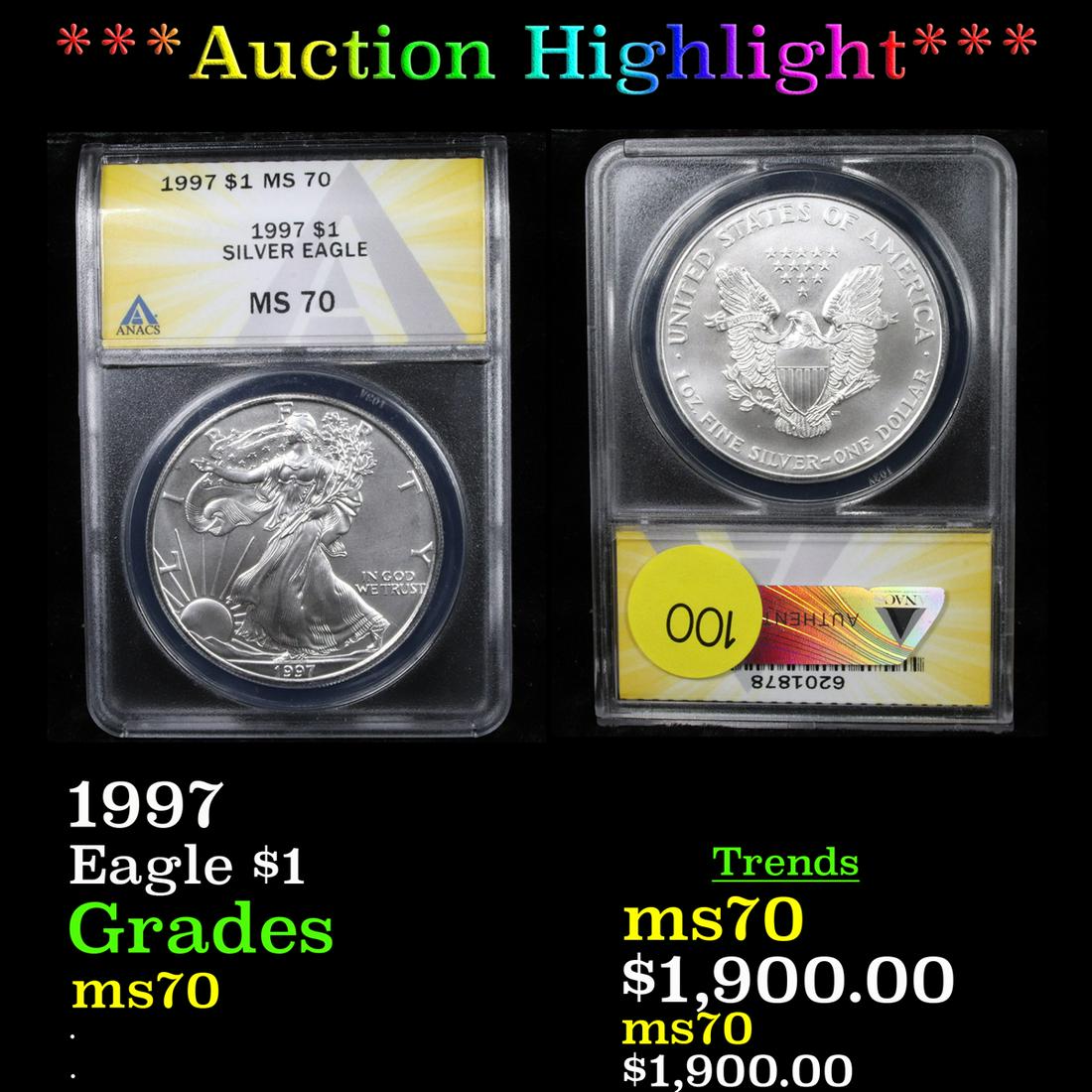 *Highlight* 1997 Eagle $1 Gaded ms70 (1 of 3)