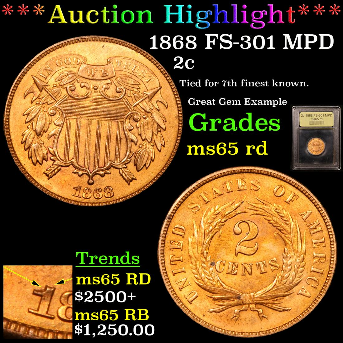 *Highlight* 1868 FS-301 MPD 2c Graded GEM Unc RD (1 of 6)