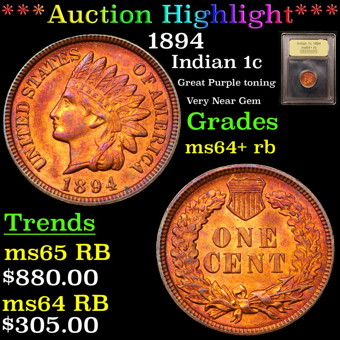 *Highlight* 1894 Indian 1c Graded Choice+ Unc RB (1 of 5)