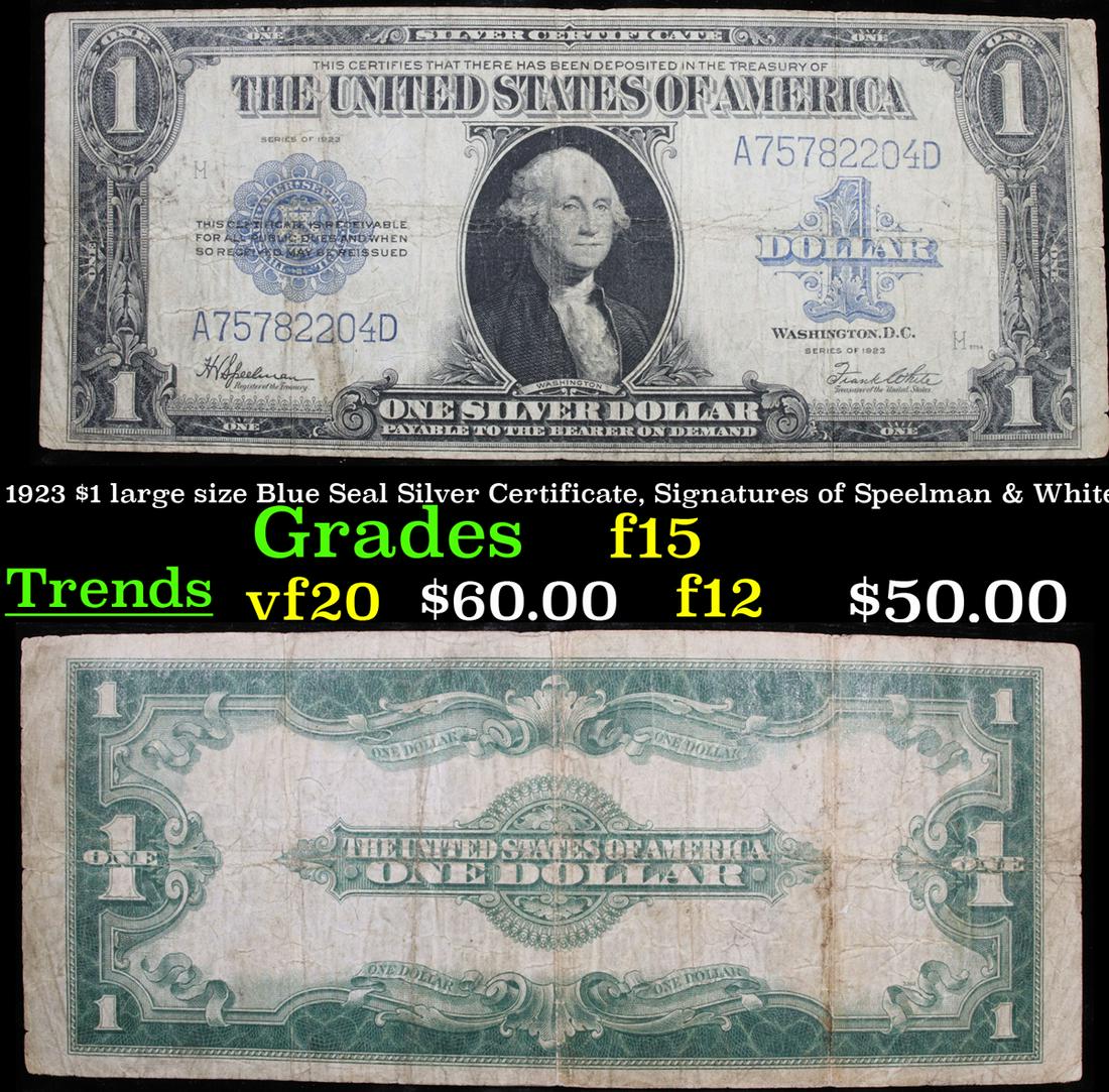 1923 $1 large size Blue Seal Silver Certificate,: 1923 $1 large size Blue Seal Silver Certificate, Signatures of Speelman & White Grades. FR 237. The term “horse blanket” gets used a lot when talking about large size currency. It is most frequent