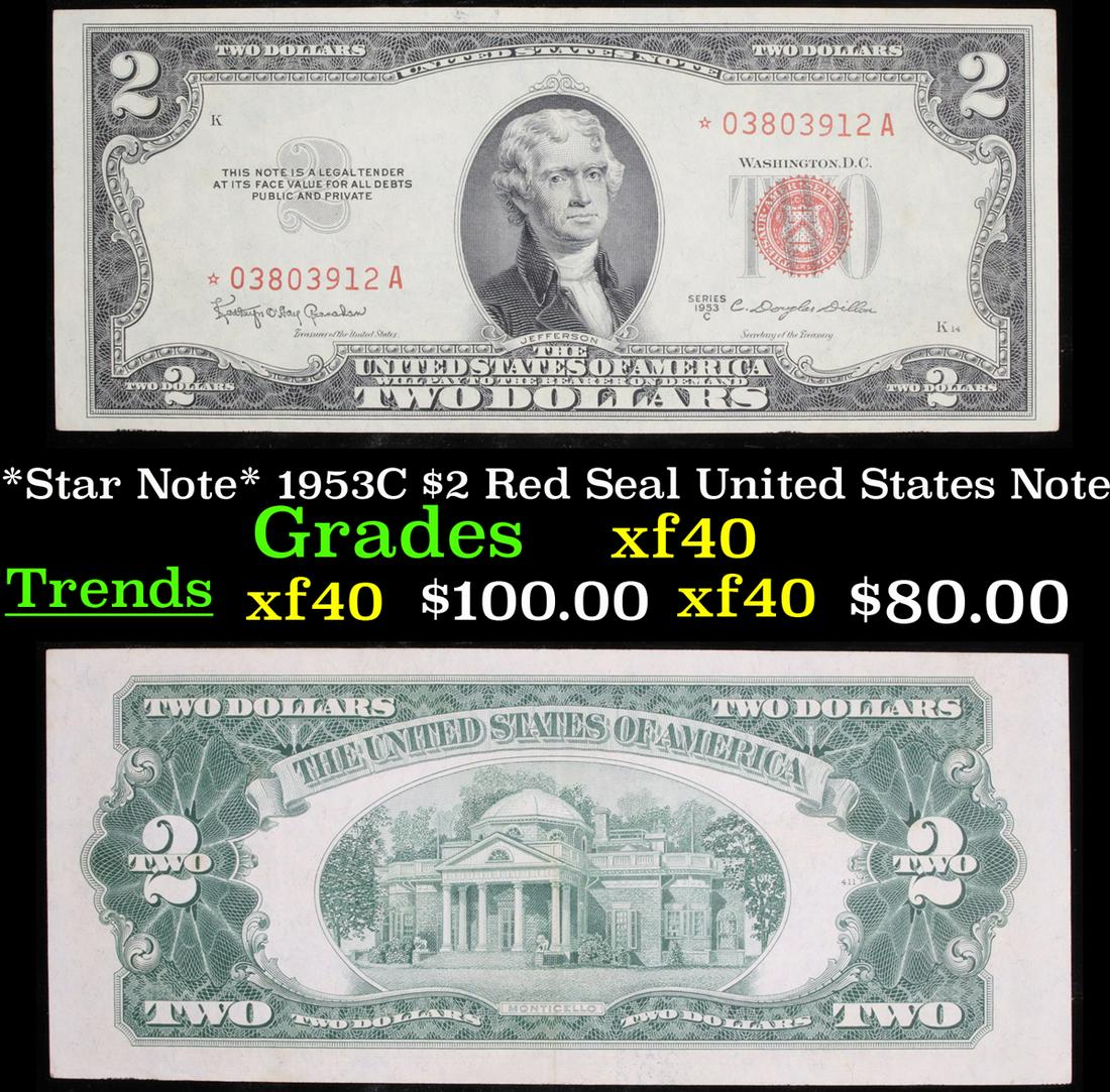 *Star Note* 1953C $2 Red Seal United States Note Grades: *Star Note* 1953C $2 Red Seal United States Note Grades. 1953 red print two dollar bills can be broken up into four different types by signature combination. 1953 two dollar bills feature Thomas Jeffe
