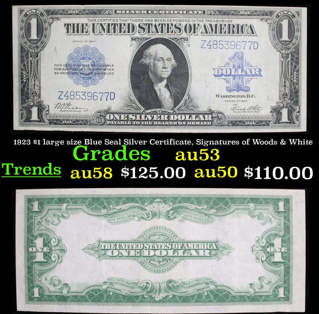1923 $1 large size Blue Seal Silver Certificate,: 1923 $1 large size Blue Seal Silver Certificate, Signatures of Woods & White Grades. FR 238. The term “horse blanket” gets used a lot when talking about large size currency. It is most frequently 