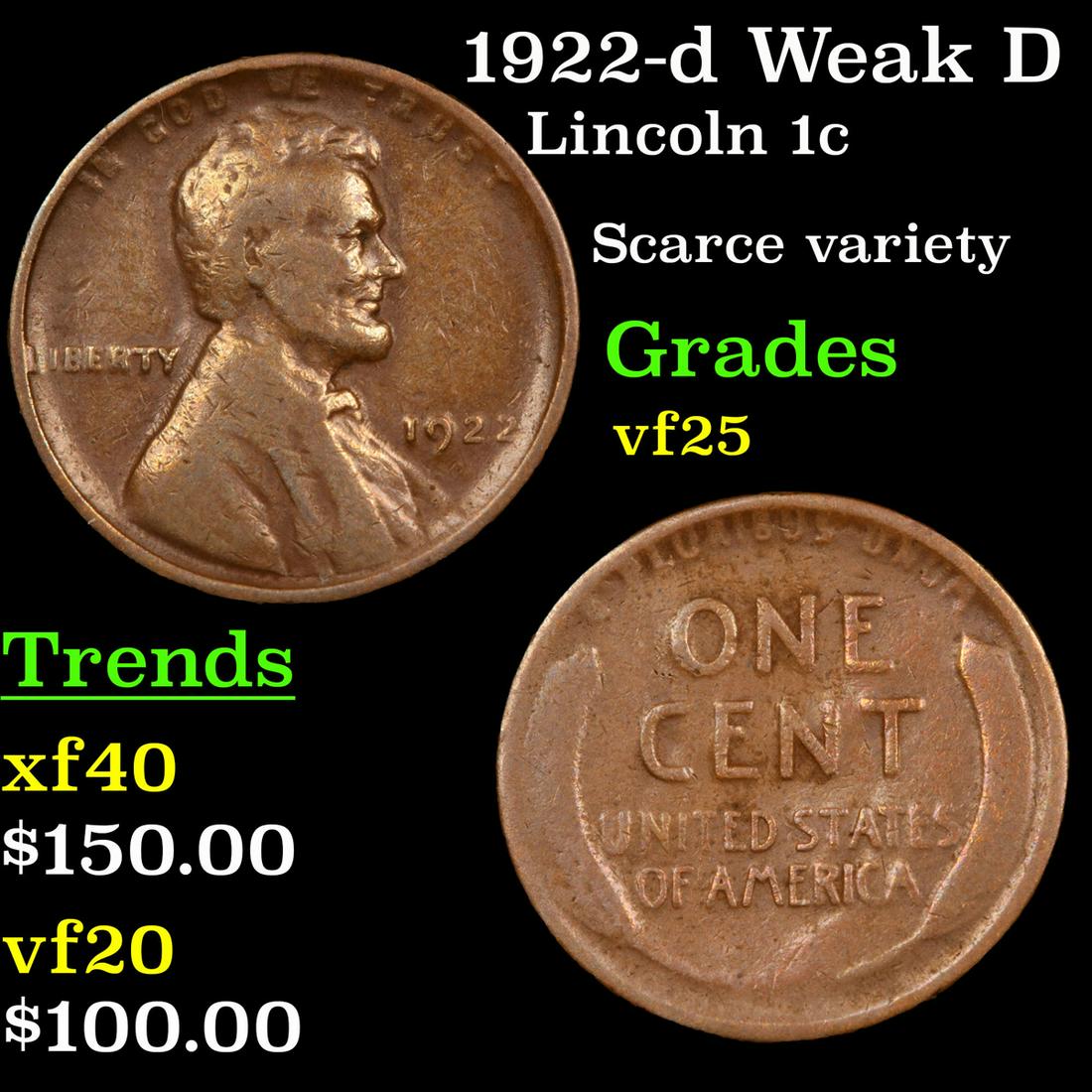 1922-d Weak D Lincoln 1c Grades vf+ (1 of 3)