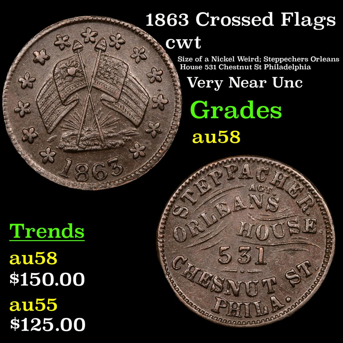 1863 Crossed Flags cwt Grades Choice AU/BU Slider: 1863 Crossed Flags Civil War Token 1c Grades Choice AU/BU Slider. When I came on this Civil War token the first time and asked the audience if anyone knew what an “Orleans House” was, I was answer