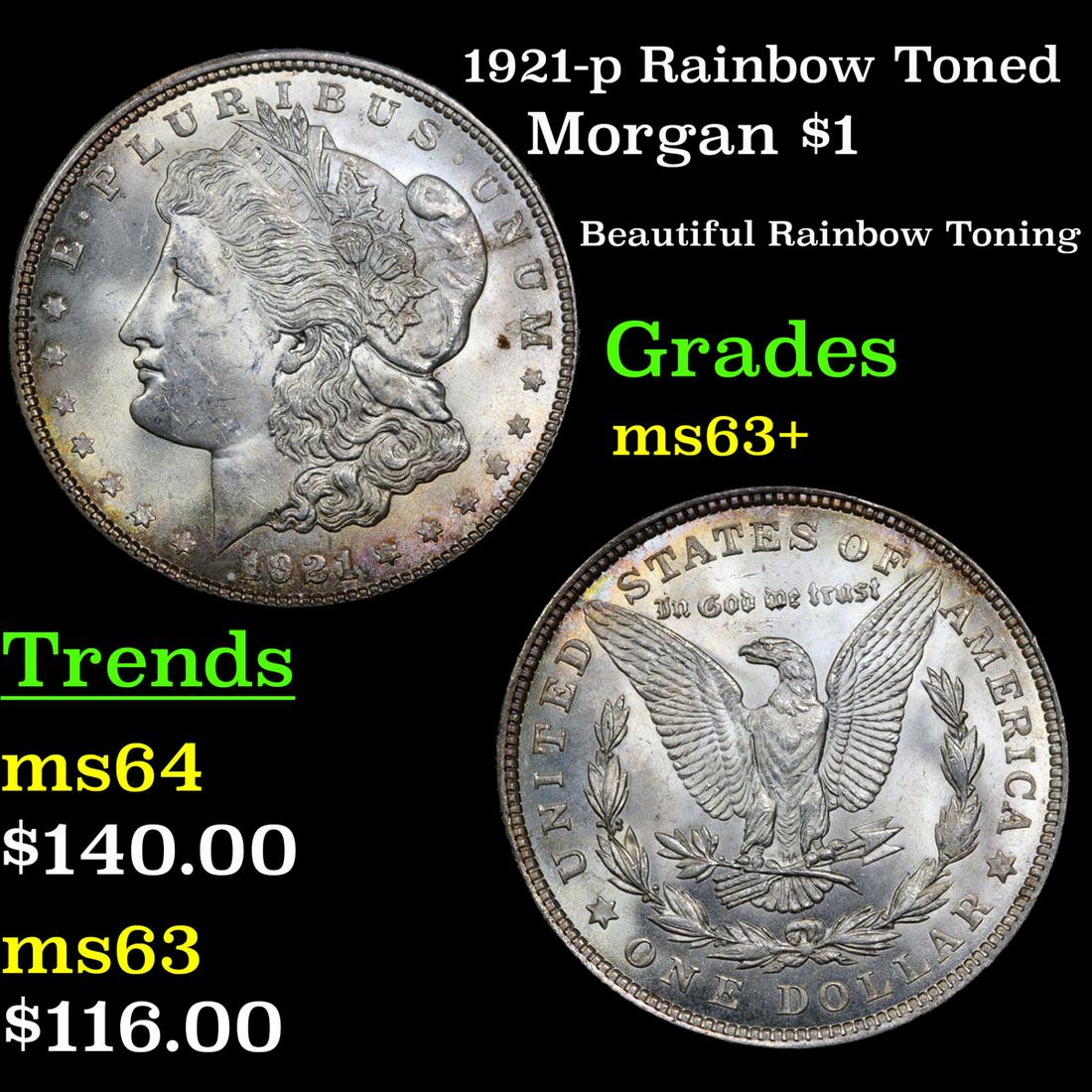 1921-p Rainbow Toned Morgan $1 Grades Select+ Unc (1 of 3)