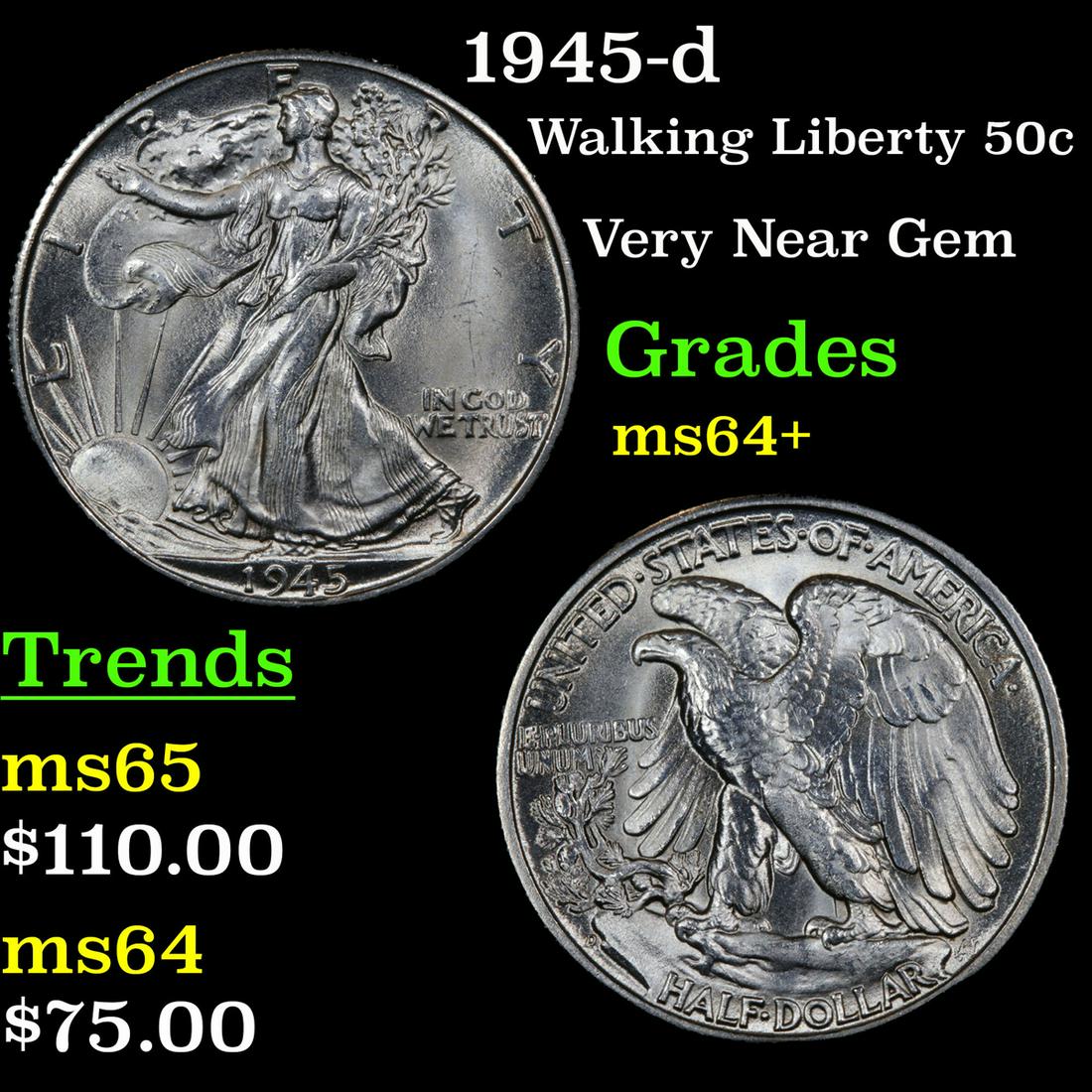 1945-d Walking Liberty 50c Grades Choice+ Unc (1 of 3)