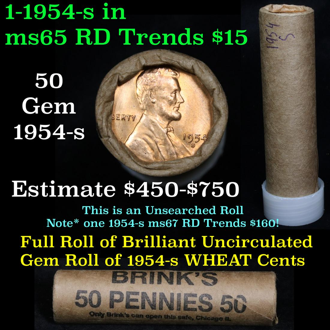 Uncirculated 1c orig shotgun roll, 1954-s In Old: Uncirculated 1c orig shotgun roll, 1954-s In Old Brinks wrapper . A terrific orig shotgun roll of Lincoln cents. All coins cherry red. This is in an Old Brinks wrapper, "Only Brinks can open this sa