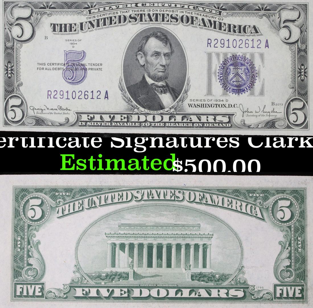 2- 1934D $5 Blue Seal Silver Certificate Signatures (1 of 5)