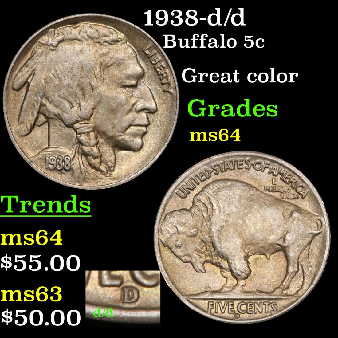1938-d/d Buffalo Nickel 5c Grades Choice Unc (1 of 5)