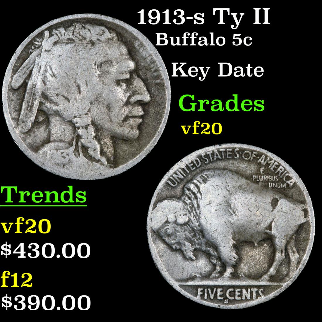 1913-s Ty II Buffalo Nickel 5c Grades vf, very fine (1 of 3)