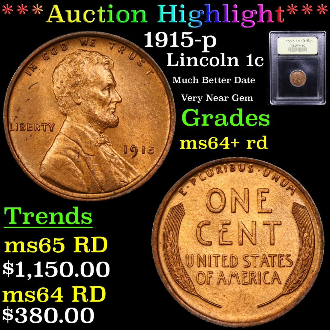 ***Auction Highlight*** 1915-p Lincoln Cent 1c Graded (1 of 5)