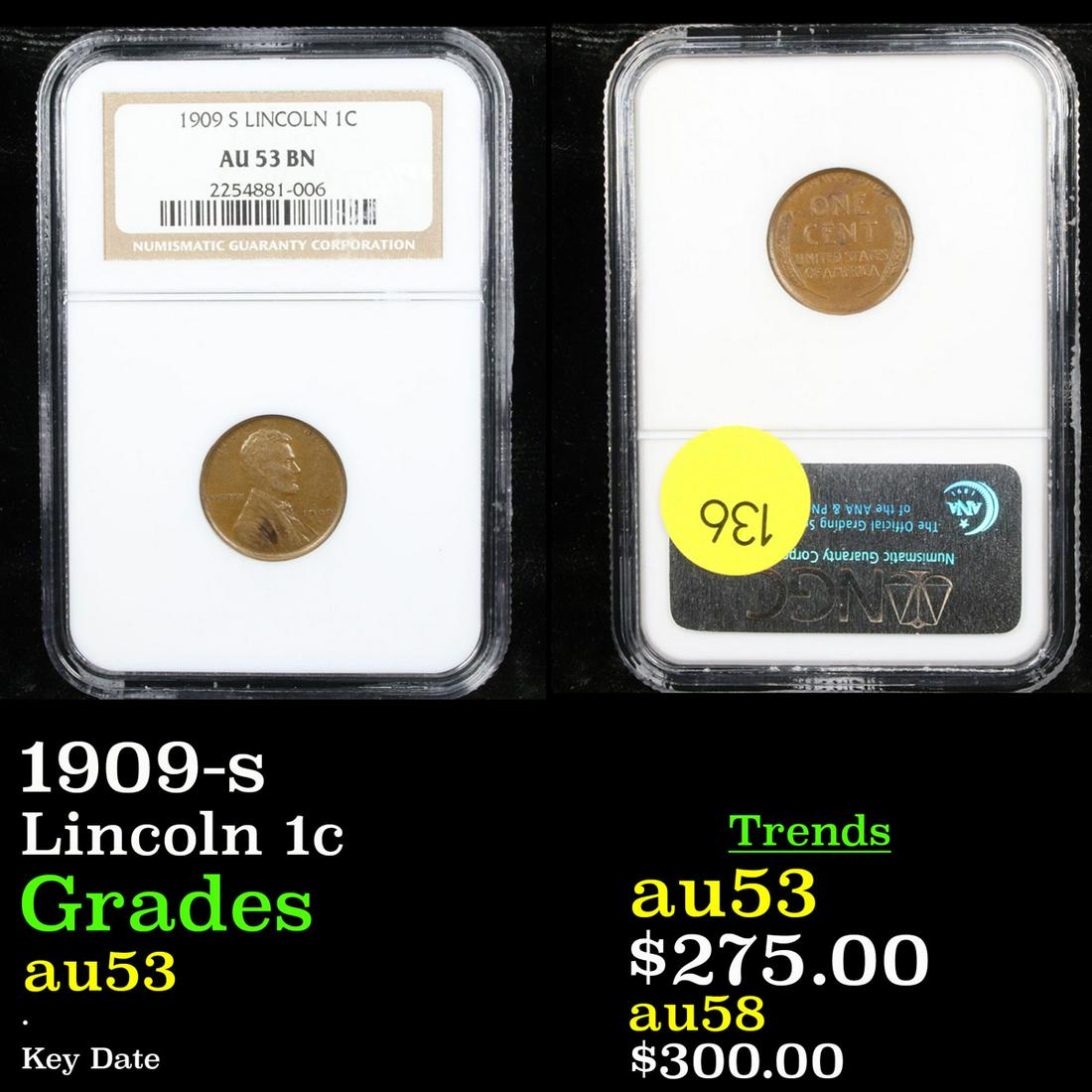 NGC 1909-s Lincoln Cent 1c Graded au53 By NGC (1 of 3)