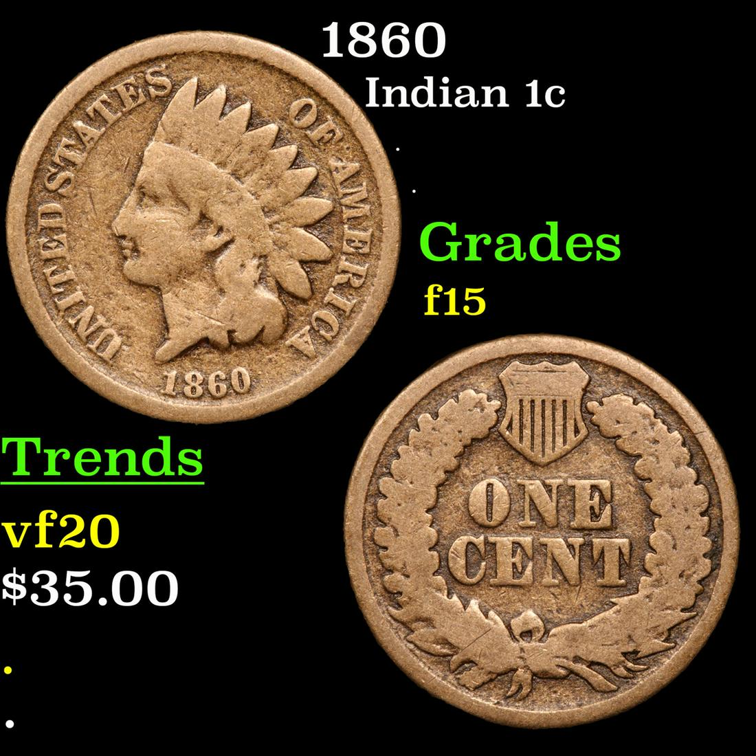 1860 Indian Cent 1c Grades f+ (1 of 3)