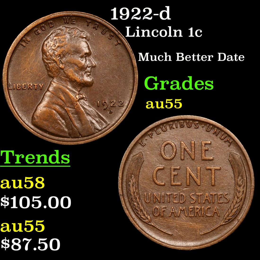1922-d Lincoln Cent 1c Grades Choice AU (1 of 3)