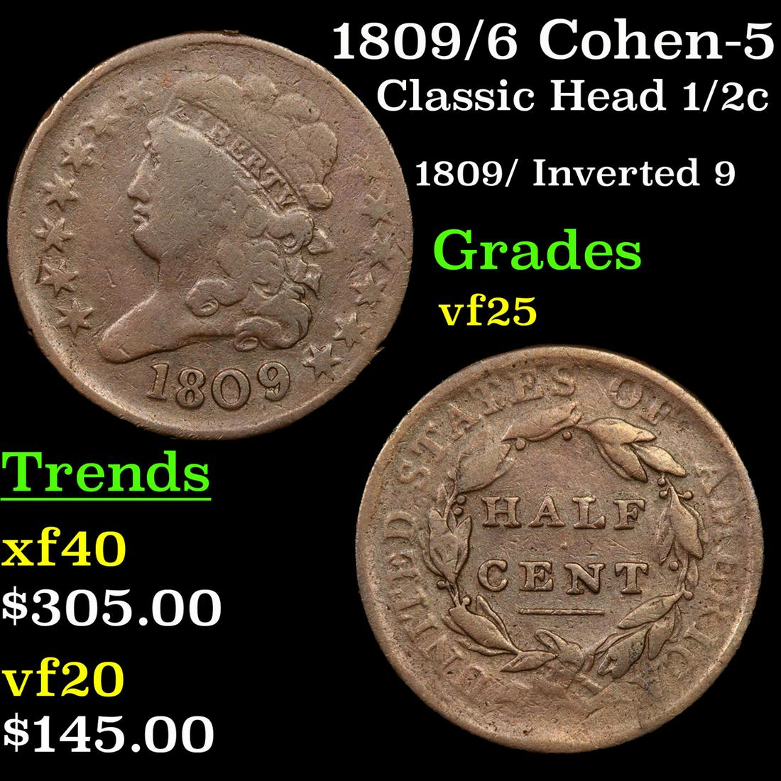 1809/6 Cohen-5 Classic Head half cent 1/2c Grades vf+ (1 of 3)