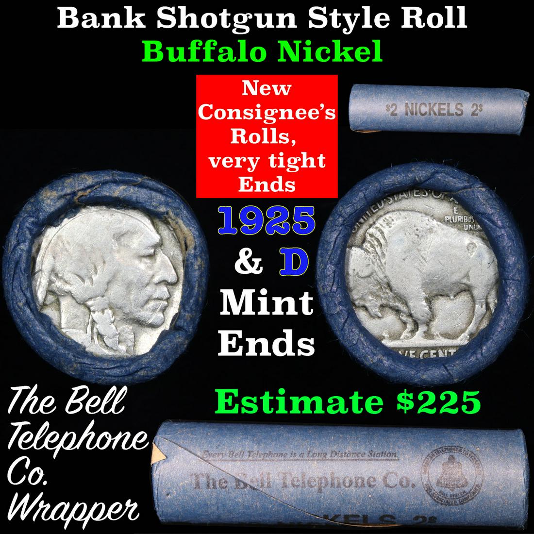 Buffalo Nickel Shotgun Roll in Old Bank Style 'Bell: Buffalo Nickel Shotgun Roll in Old Bank Style 'Bell Telephone' Wrapper 1925 & d Mint Ends. The roll is held in an old, rare "Bell Telephone Co." Bank style wrapper. This is the Bell Telephone logo fro