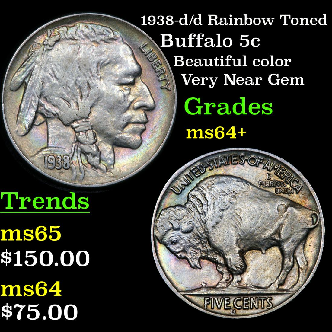 1938-d/d Rainbow Toned Buffalo Nickel 5c Grades Choice+ (1 of 3)