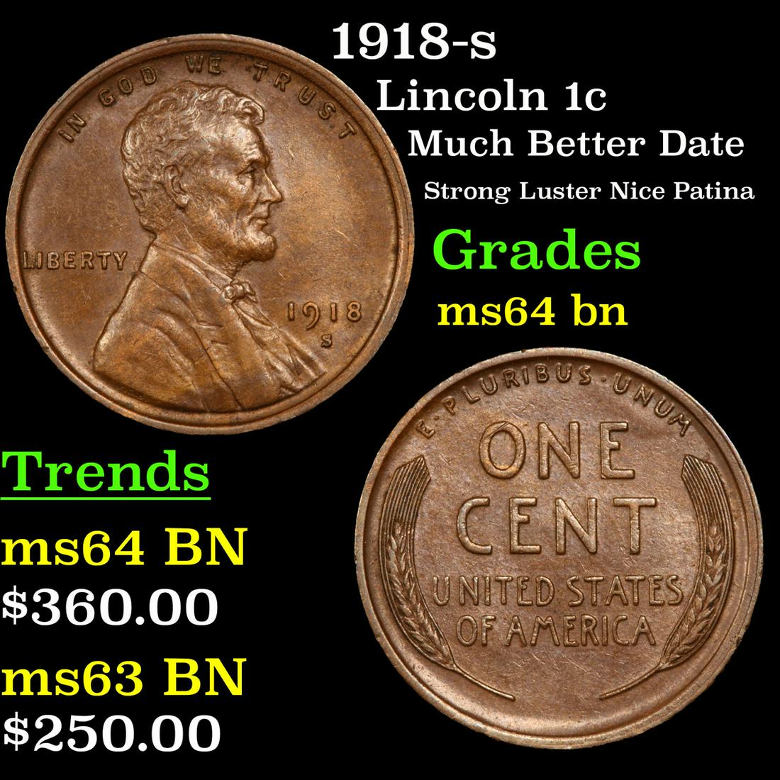 1918-s Lincoln Cent 1c Grades Choice Unc BN (1 of 3)
