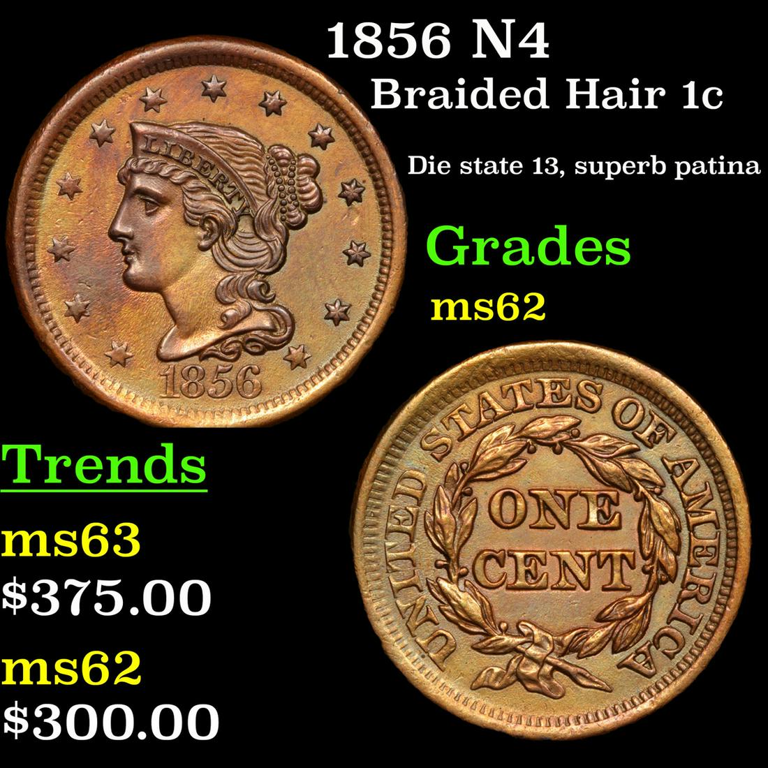 1856 N4 Braided Hair Large Cent 1c Grades Select Unc (1 of 3)