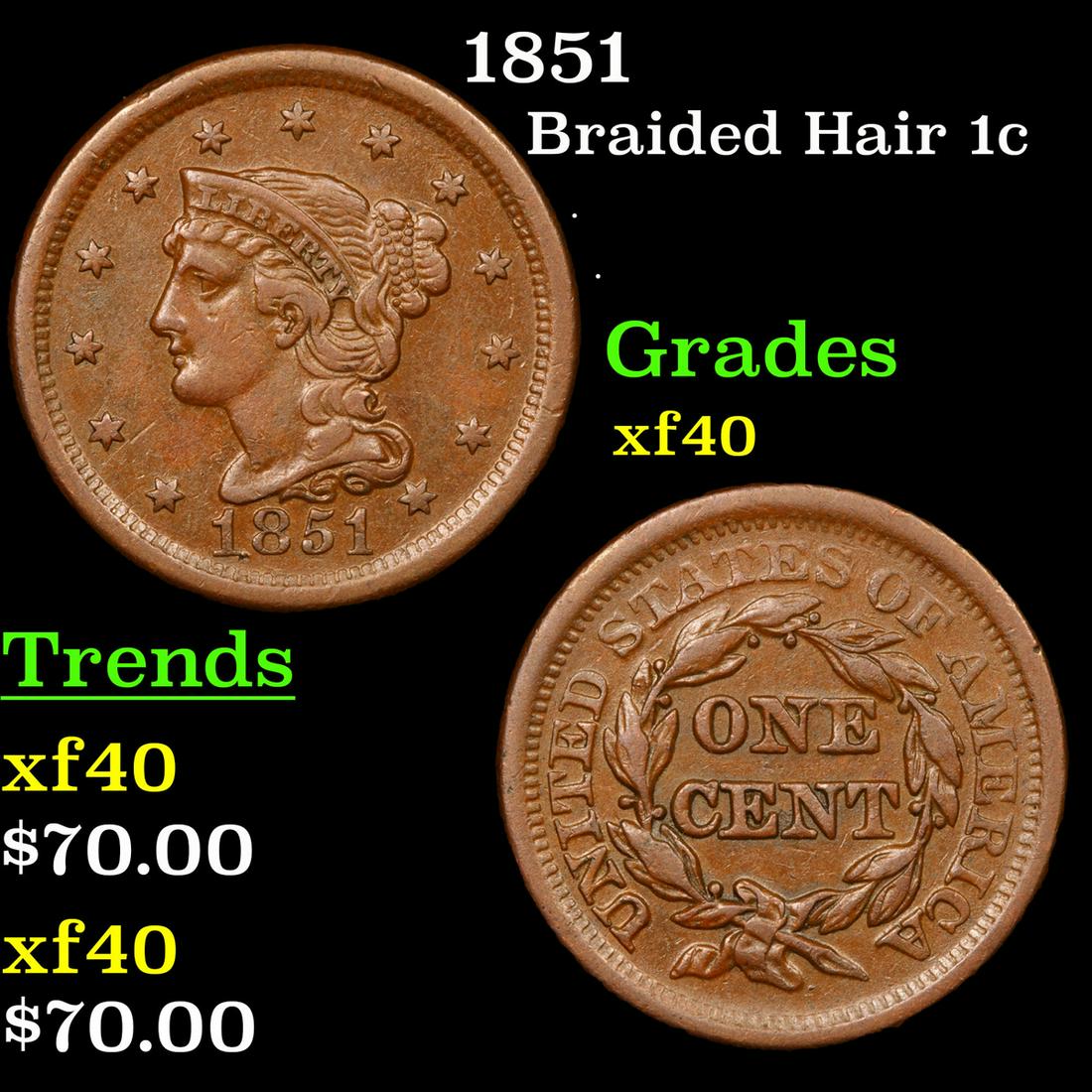 1851 Braided Hair Large Cent 1c Grades xf (1 of 3)